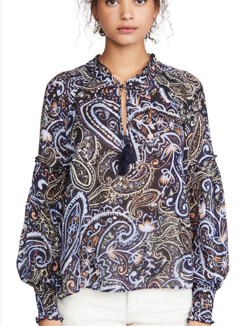 Parker Paisley Tie-Neck Blouse in Black and Blue